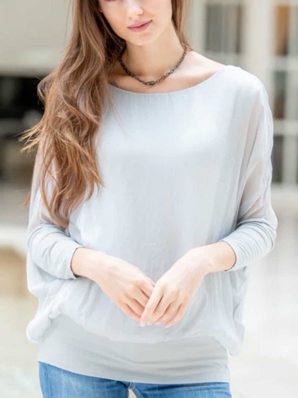 Cobblestone Living 100% Silk Light Blue Dolman sleeve Blouse OS fits most.